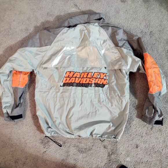 Harley-Davidson Rain Jacket Silver And Orange Men L With Hood - Picture 2 of 3